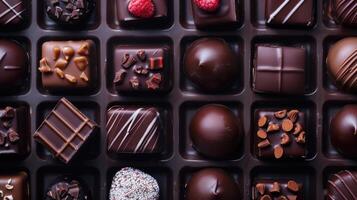 ai generato assortito righe di diverso cioccolato dolci ordinatamente disposte nel un' scatola, ai generato foto