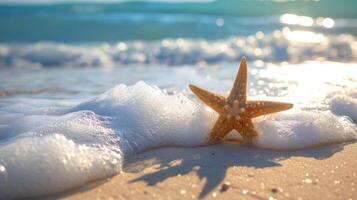 ai generato tropicale sabbioso spiaggia, oceano onde, e un' solitario stella marina. ai generato foto