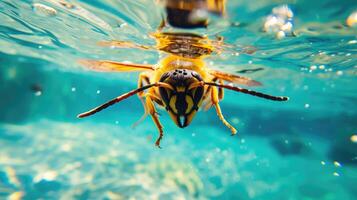 ai generato divertente subacqueo scena calabrone nel piscina giochi in profondità tuffo azione, ai generato. foto