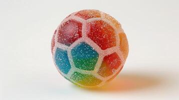 ai generato realistico gommoso caramella sagomato piace un' calcio sfera, con tre colori, elastico struttura, e zucchero cospargere, ai generato foto