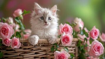 ai generato piccolo bianca gattino nel il cestino con rosa Rose. gattino e fiori foto