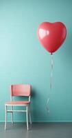 ai generato rosa cuore sagomato Palloncino sospeso sopra un' sedia nel un' blu parete foto
