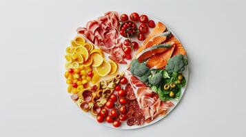 ai generato piatto con prosciutto, prosciutto, salame e verdure foto