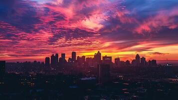 ai generato bellissimo tramonto al di sopra di il città foto