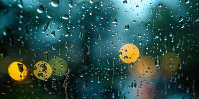 ai generato acqua gocce su il finestra. piovoso tempo atmosferico. foto