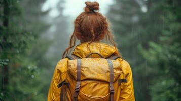 ai generato donna escursioni a piedi anche se il foresta foto