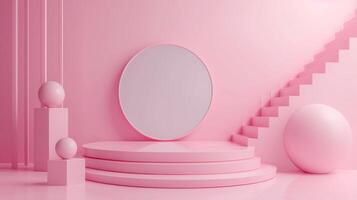 ai generato Schermo podio design per finto su e Prodotto presentazione rosa colore scena foto
