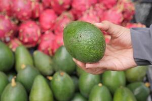 giovane donne mano Tenere avocado shopping a Al dettaglio memorizzare foto