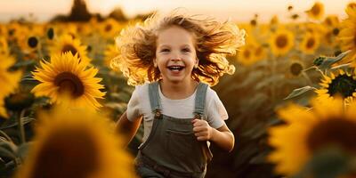 ai generato un' contento bambino corre e ha divertimento tra il girasoli. contento bambino giocando nel il sole. contento infanzia foto