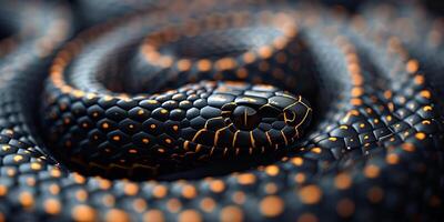 ai generato avvicinamento di un' nero e arancia vipera serpente foto