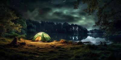 ai generato fotorealistico interpretazione di durante la notte campeggio su il spiaggia. campeggio foto