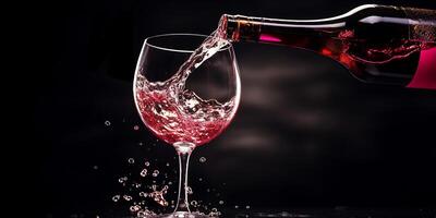 ai generato rosso vino versa spruzzi in un' bicchiere su un' buio sfondo foto