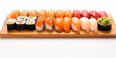 ai generato fotorealistico Immagine di un' impostato di giapponese Sushi. giapponese tradizionale cibo foto