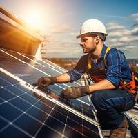 ai generato tecnico installazione solare pannelli su tetto, installazione fotovoltaico solare pannello sistema, pulito elettricità Casa concetto, non in rete energia fornitura foto