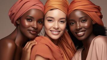 ai generato ritratto di bellissimo ragazze di diverso nazionalità africano, asiatico, europeo Modelli foto