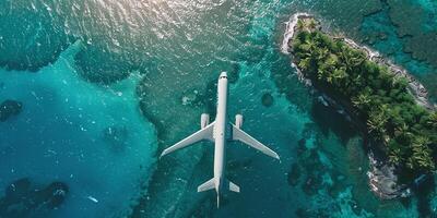 ai generato superiore giù Visualizza di un' bianca aereo volante al di sopra di il blu mare e isole. vacanza concetto foto