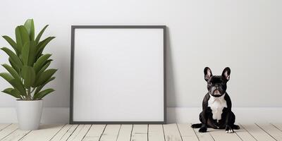 ai generato modello, un' immagine nel un' telaio sta su il pavimento, contro il sfondo di un' bianca parete Il prossimo per un' carino francese bulldog cane. minimalista interno foto