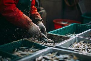 ai generato fotorealistico Immagine. pesce in lavorazione pianta officina. foto