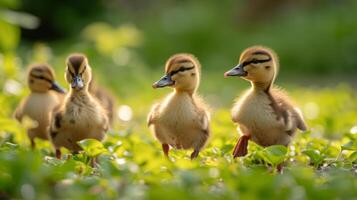 ai generato un' giocoso gruppo di anatroccoli scherzare nel un' palude, soffice piume, curioso espressioni in mezzo il lussureggiante verdura foto