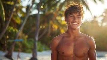 ai generato un' contento sorridente A petto nudo adolescenziale ragazzo su il tropicale isola sfondo con copia spazio la zona foto
