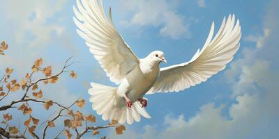 ai generato bianca colomba nel il aria con Ali largo Aperto contro il cielo. un' simbolo di pace foto