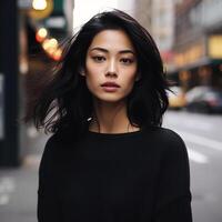 ai generato fotorealistico ritratto di un' giovane asiatico femmina modello contro un' città sfondo foto