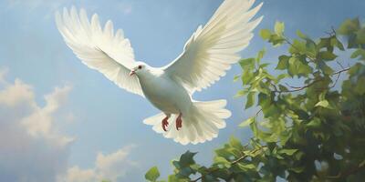 ai generato bianca colomba nel il aria con Ali largo Aperto contro il cielo. un' simbolo di pace foto