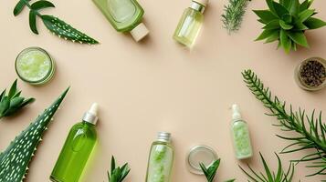 ai generato eco-friendly aloe bellezza prodotti composizione, con trasparente bottiglie e barattoli in mezzo fresco aloe talee foto