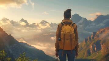 ai generato un' donna escursionista sta trionfalmente in cima un' maestoso montagna, circondato di mozzafiato natura foto