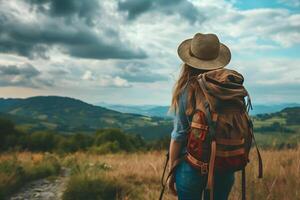 ai generato turisti camminare nel il mezzo di un' prato con un' sfocato montagna gamma nel il sfondo. foto