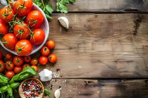 ai generato fresco maturo pomodori su un' di legno tavolo, un' sano preparativi in mostra vivace rosso frutta in mezzo naturale legna fondale foto