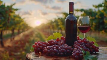 ai generato un' bottiglia di rosso vino con un' bicchiere contro il sfondo di un' vigneto nel il leggero di il sole, sfondo foto