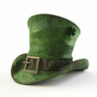 ai generato illustrazione di un' verde fata superiore cappello con un' verde trifoglio quadrifoglio. concetto per st. Patrick giorno. classico retrò Vintage ▾ superiore cappello isolato su bianca sfondo foto