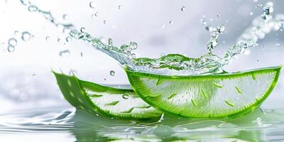 ai generato vicino su di succulento aloe Vera pezzi con acqua spruzzi foto