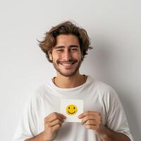 ai generato uomo Tenere carta con sorridente emoji. emozione foto