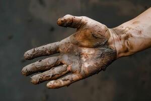 ai generato umano mano con sporco pelle, sporco mani, sporco mani, sporco mani foto