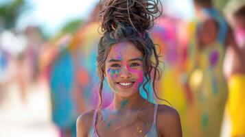 ai generato ritratto di un' bellissimo giovane donna coperto con multicolore holi dipingere foto