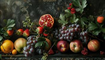 ai generato ancora vita con frutta e frutti di bosco su un' buio sfondo. ancora vita con frutta e frutti di bosco. foto