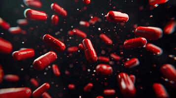 ai generato 3d interpretazione di rosso pillole galleggiante su nero sfondo. medicina e assistenza sanitaria concetto foto