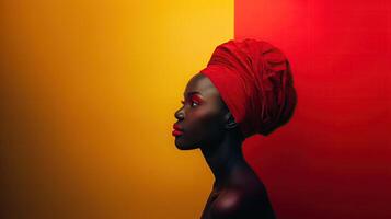 ai generato bellissimo africano americano donna con rosso labbra e turbante su testa. nero storia mese concetto. foto