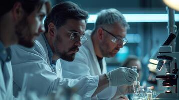 ai generato gruppo di scienziati Lavorando nel il laboratorio. scienza, chimica, biologia, medicina e persone concetto foto