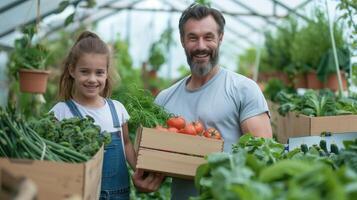 ai generato famiglia agricoltura. contento padre e bambino trasporto scatola di verdure su agricoltura attività commerciale o nutrizione giardino foto