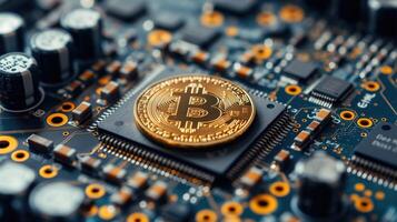 ai generato d'oro bitcoin su il scheda madre di il computer. criptovaluta concetto. foto