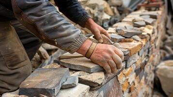 ai generato un' muratore costrutti un' pietra parete utilizzando Di legno, metallo Strumenti, e edificio materiale piace mattoni e rocce. foto