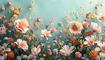 ai generato 3d illustrazione di bellissimo primavera fiori nel il prato, floreale sfondo foto