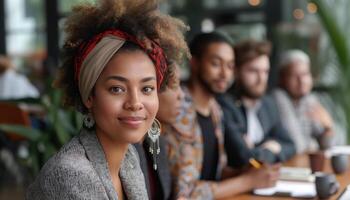 ai generato ritratto di fiducioso africano americano donna d'affari guardare a telecamera con colleghi nel sfondo foto