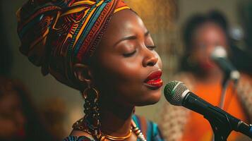 ai generato bellissimo africano donna cantando. nero storia mese concetto. foto