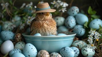 ai generato Pasqua composizione con gheppio e uova su rustico sfondo foto
