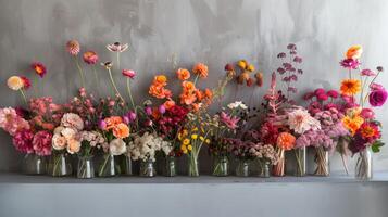 ai generato fiori nel bicchiere vaso su mensola con grigio parete sfondo. foto