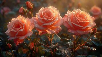 ai generato bellissimo Rose con rugiada gocce nel il giardino a Alba. foto